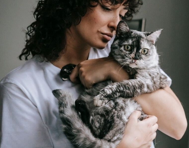 Pet cremations in Sydney for dogs cats and small pets by Pet Memorial Australia. Woman holding her cat in a quiet, emotional moment.