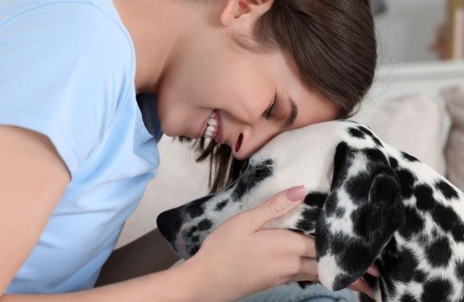 Dog cremation in Sydney, a woman cuddling her Dalmatian at home, Pet Memorial Australia